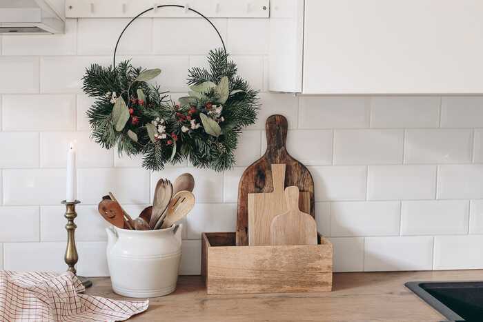 natural wood worktop with christmas decorations natural wood worktop with christmas decorations